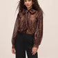 Leopard Print Organza Tie Neck Blouse - Woman Wearing Sheer Animal Print Top - Le Chateau