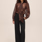 Leopard Print Organza Tie Neck Blouse - Woman Wearing Sheer Animal Print Top - Le Chateau