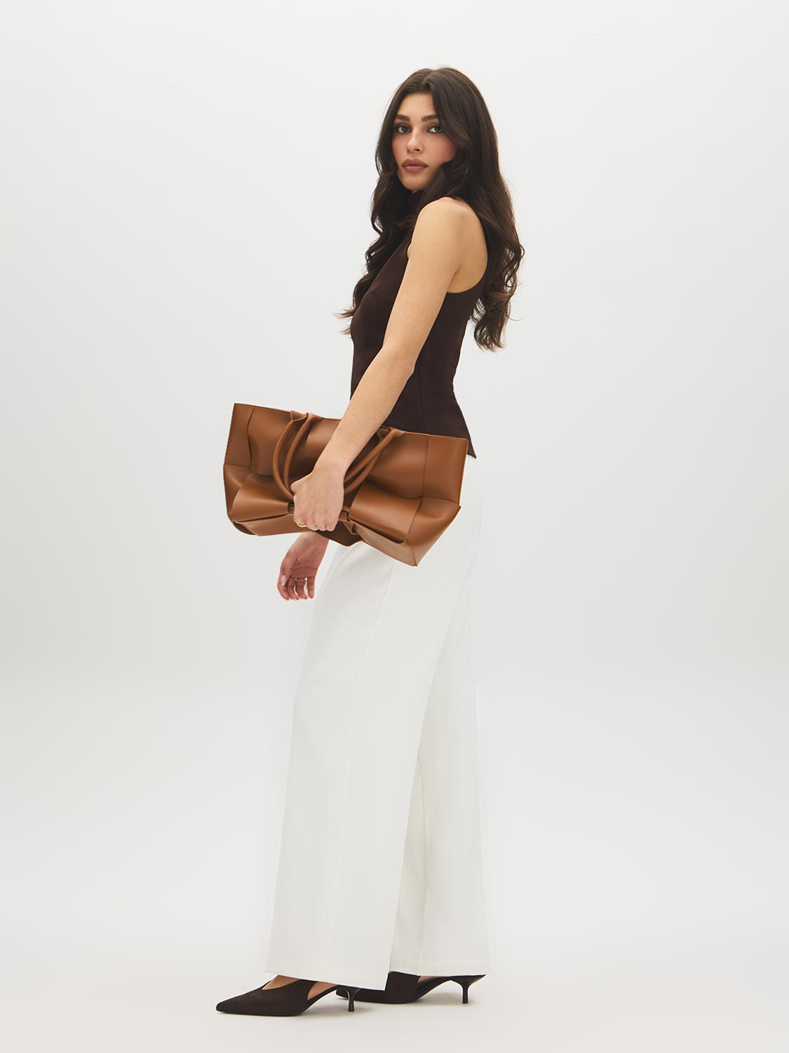 Coffee Bean Sleeveless Halter Mock Neck Top - Side Profile View - Suzy Shier