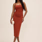 Rust ITY Midi Dress with Shirred Waist - Woman Wearing Structured Evening Dress - Le Chateau
