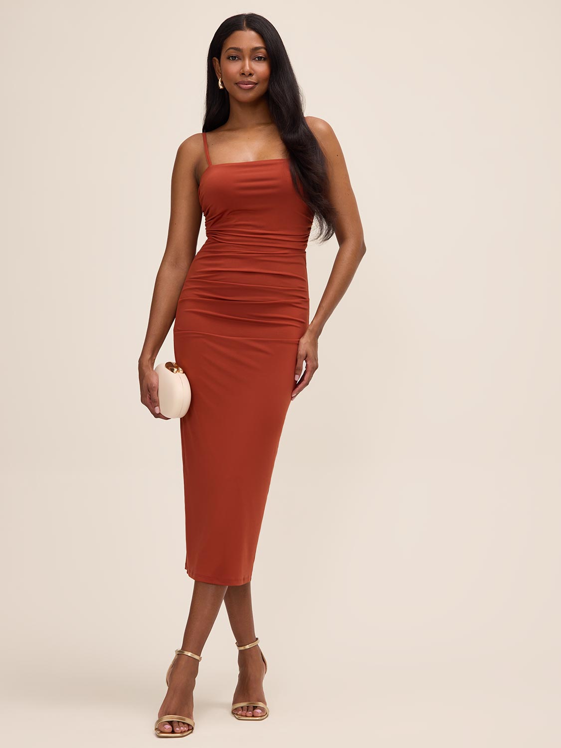 Rust ITY Midi Dress with Shirred Waist - Woman Wearing Structured Evening Dress - Le Chateau