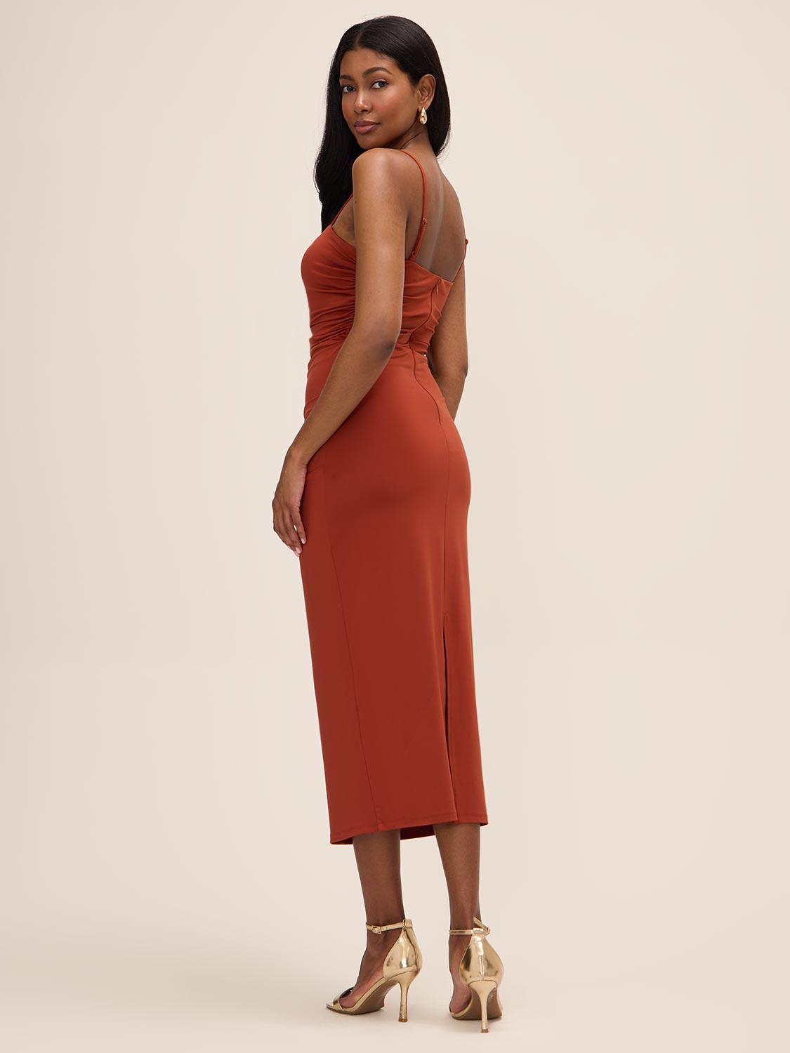 Rust ITY Midi Dress with Shirred Waist - Woman Wearing Structured Evening Dress - Le Chateau