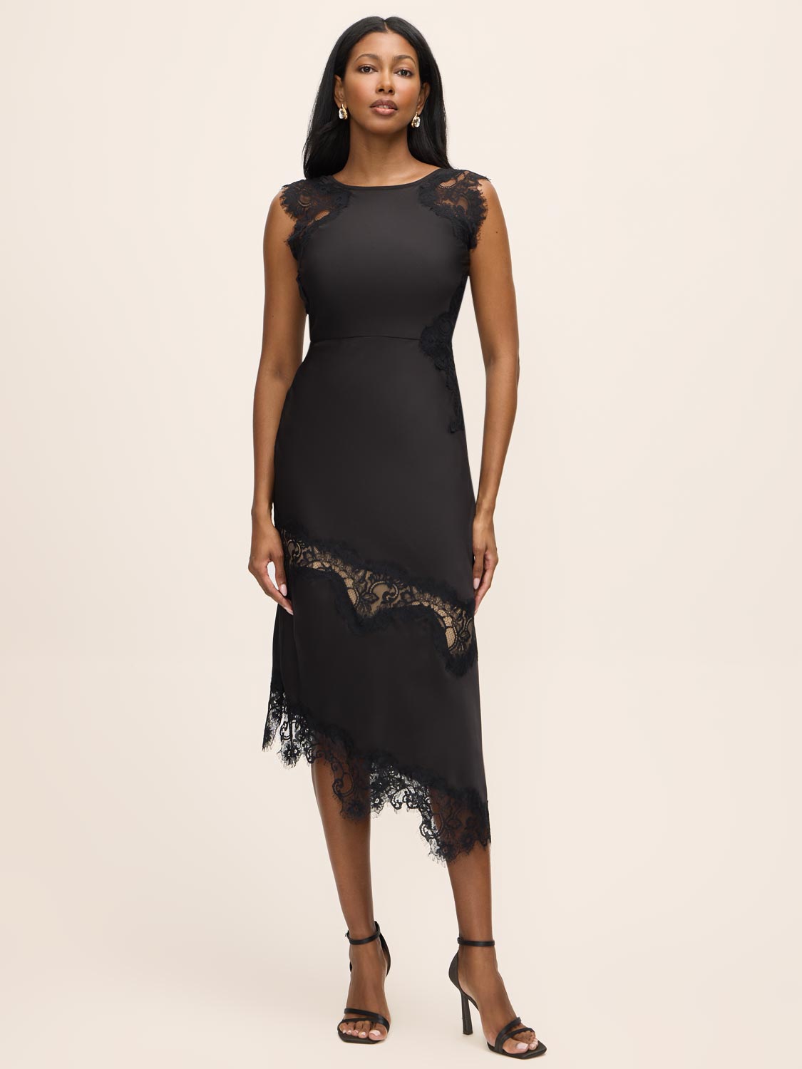Black Satin Midi Dress with Illusion Lace Inserts - Woman Wearing Elegant Evening Dress - Le Chateau