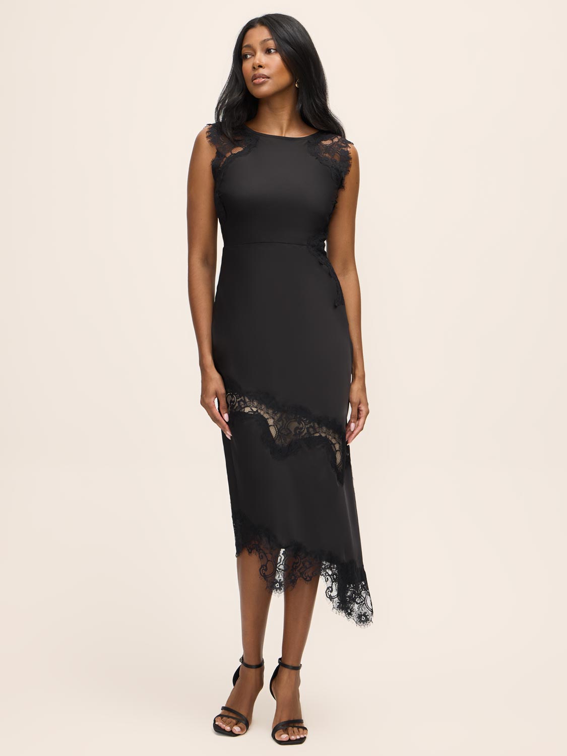Black Satin Midi Dress with Illusion Lace Inserts - Woman Wearing Elegant Evening Dress - Le Chateau