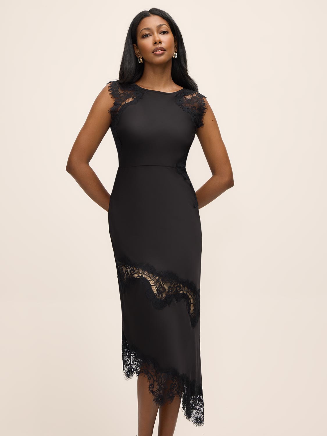 Black Satin Midi Dress with Illusion Lace Inserts - Woman Wearing Elegant Evening Dress - Le Chateau