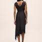 Black Satin Midi Dress with Illusion Lace Inserts - Woman Wearing Elegant Evening Dress - Le Chateau