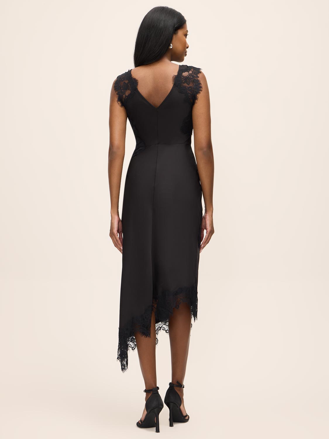 Black Satin Midi Dress with Illusion Lace Inserts - Woman Wearing Elegant Evening Dress - Le Chateau