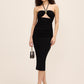 Khaki Halter Tie Midi Knit Dress - Woman Wearing Elegant Evening Dress with Cut-Out Detail - Le Chateau