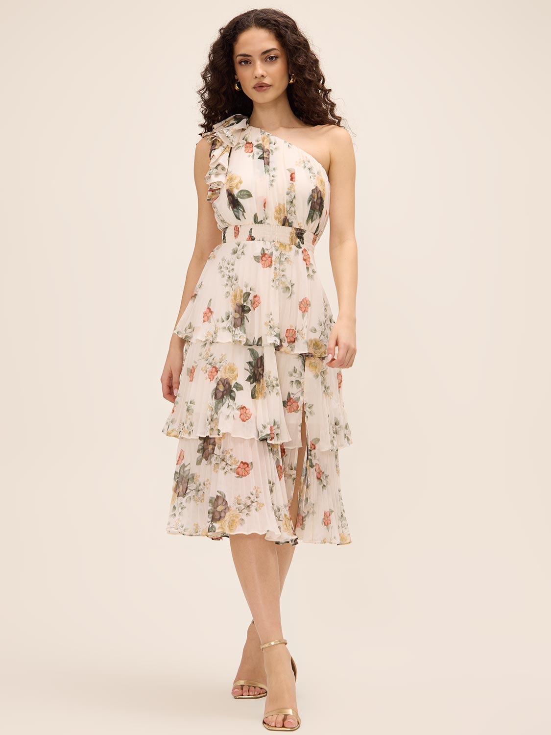 Antique Cream/Rust Ruffled One-Shoulder Tiered Floral Midi Dress - Woman Wearing Elegant Daywear Dress - Le Chateau