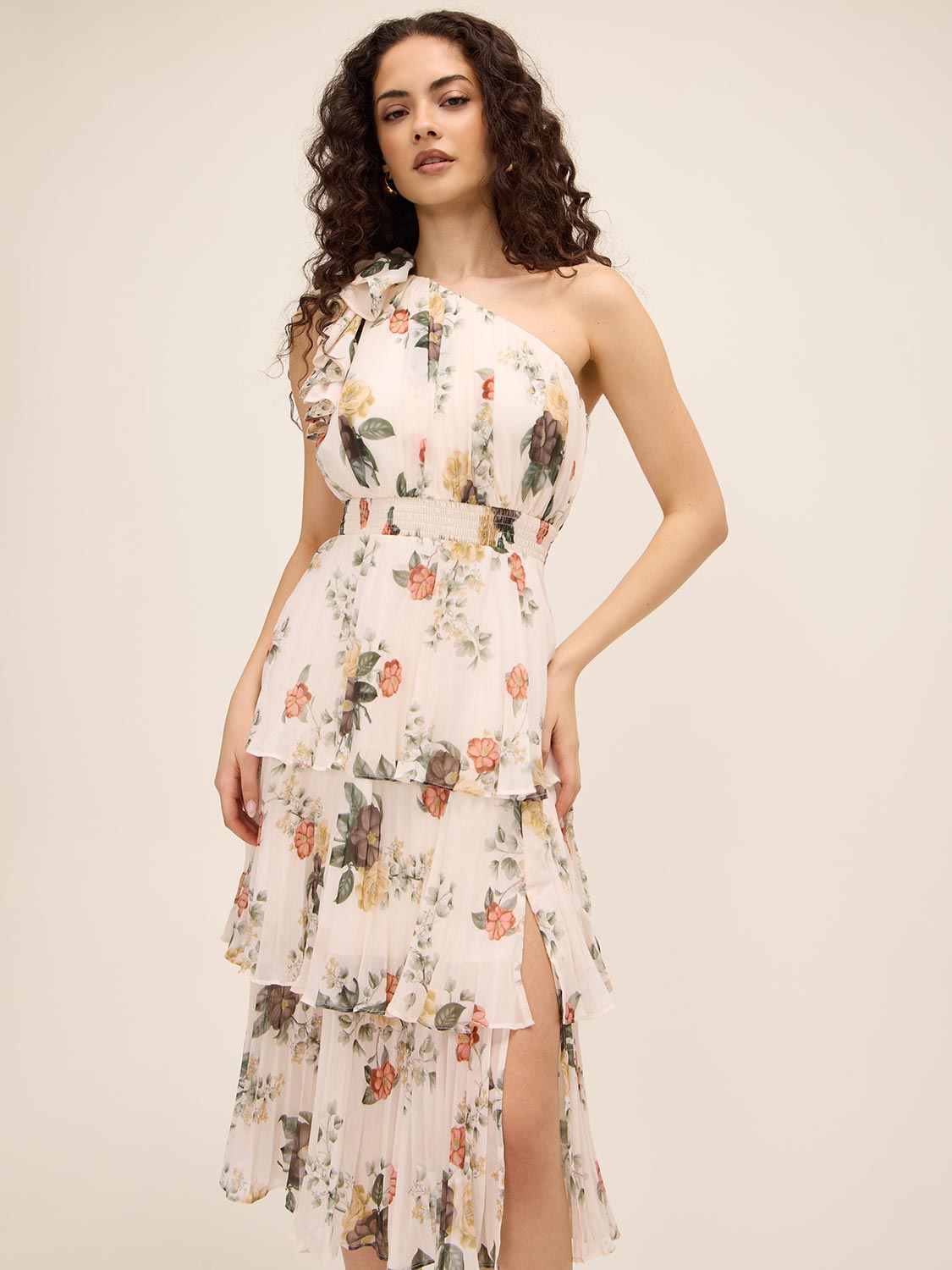 Antique Cream/Rust Ruffled One-Shoulder Tiered Floral Midi Dress - Woman Wearing Elegant Daywear Dress - Le Chateau