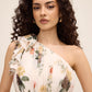 Antique Cream/Rust Ruffled One-Shoulder Tiered Floral Midi Dress - Woman Wearing Elegant Daywear Dress - Le Chateau