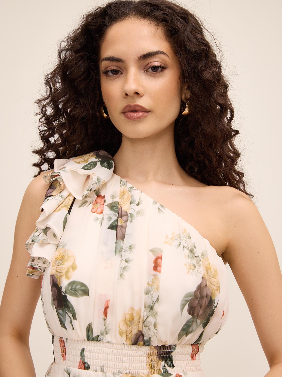 Antique Cream/Rust Ruffled One-Shoulder Tiered Floral Midi Dress - Woman Wearing Elegant Daywear Dress - Le Chateau