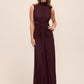 Black Cherry Sleeveless Mesh Gown with Mock Neck - Woman Wearing Elegant Floor-Length Dress - Le Chateau