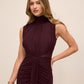 Black Cherry Sleeveless Mesh Gown with Mock Neck - Woman Wearing Elegant Floor-Length Dress - Le Chateau