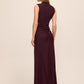 Black Cherry Sleeveless Mesh Gown with Mock Neck - Woman Wearing Elegant Floor-Length Dress - Le Chateau