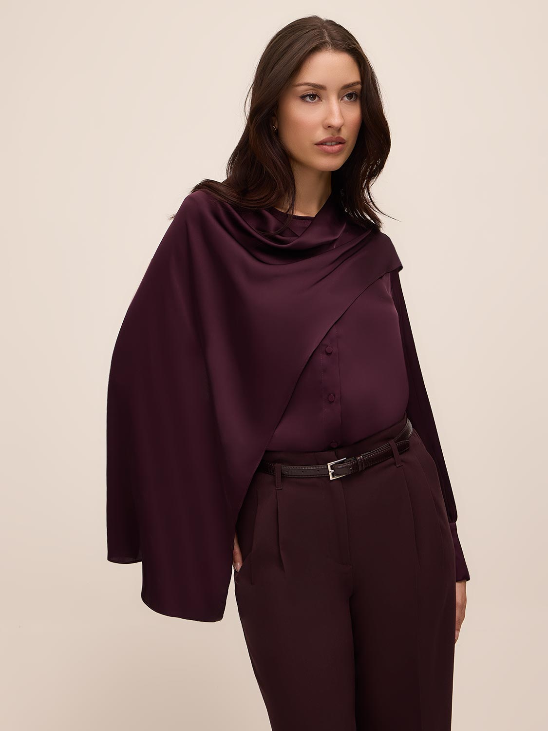 Eggplant Satin Scarf Neck Blouse - Elegant Neck Tie Detail - Le Chateau