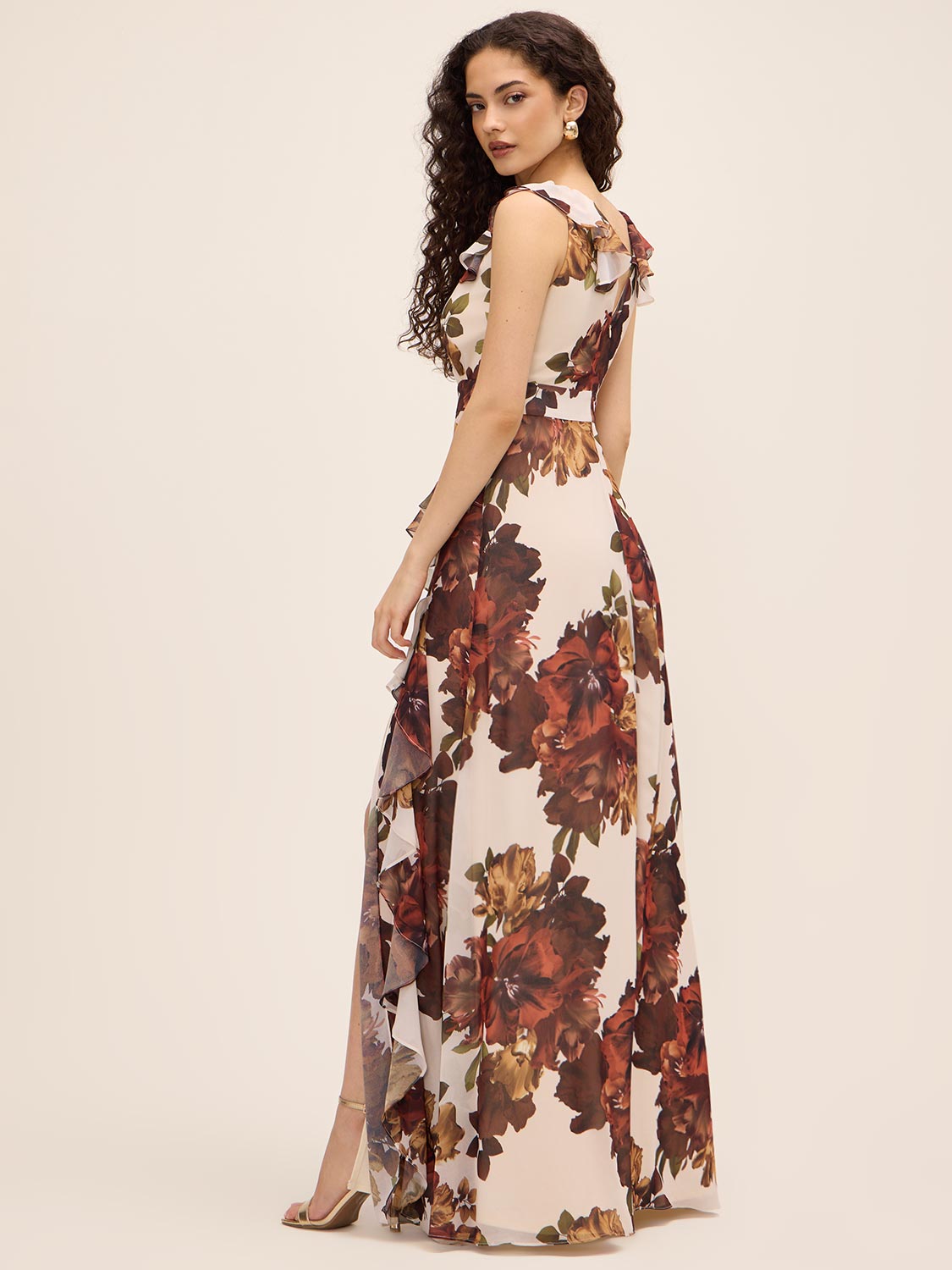 Antique Cream/Rust Printed Chiffon Crossover Neckline Gown - Woman Wearing Full-Length Ruffle Dress - Le Chateau