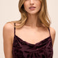 Black Cherry Burnout Floral Velour Sheath Dress - Close-up Cowl Neck Detail - Le Chateau
