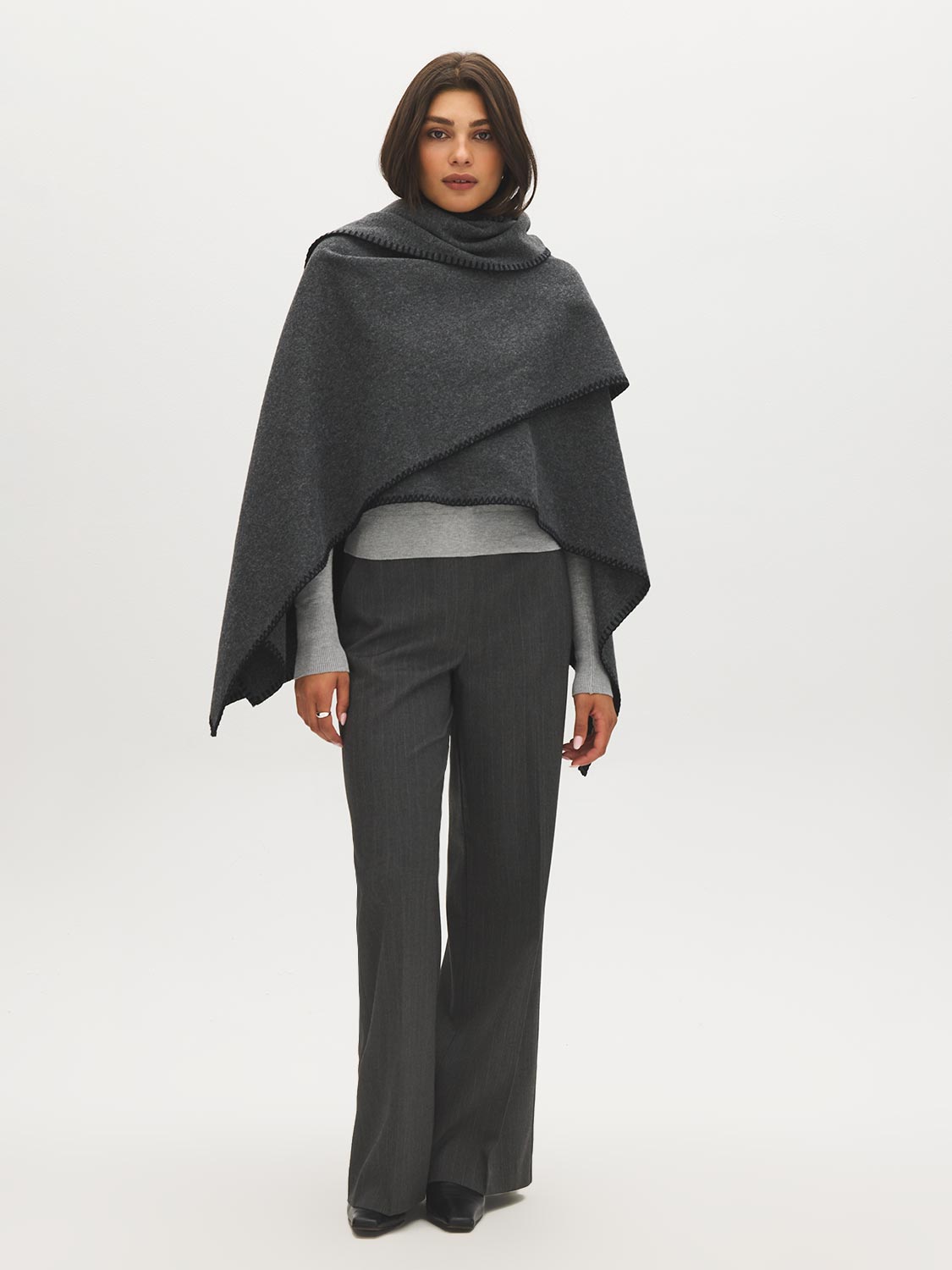 Grey Melange Woven Cape with Contrast Scarf - Full Front View - Suzy Shier