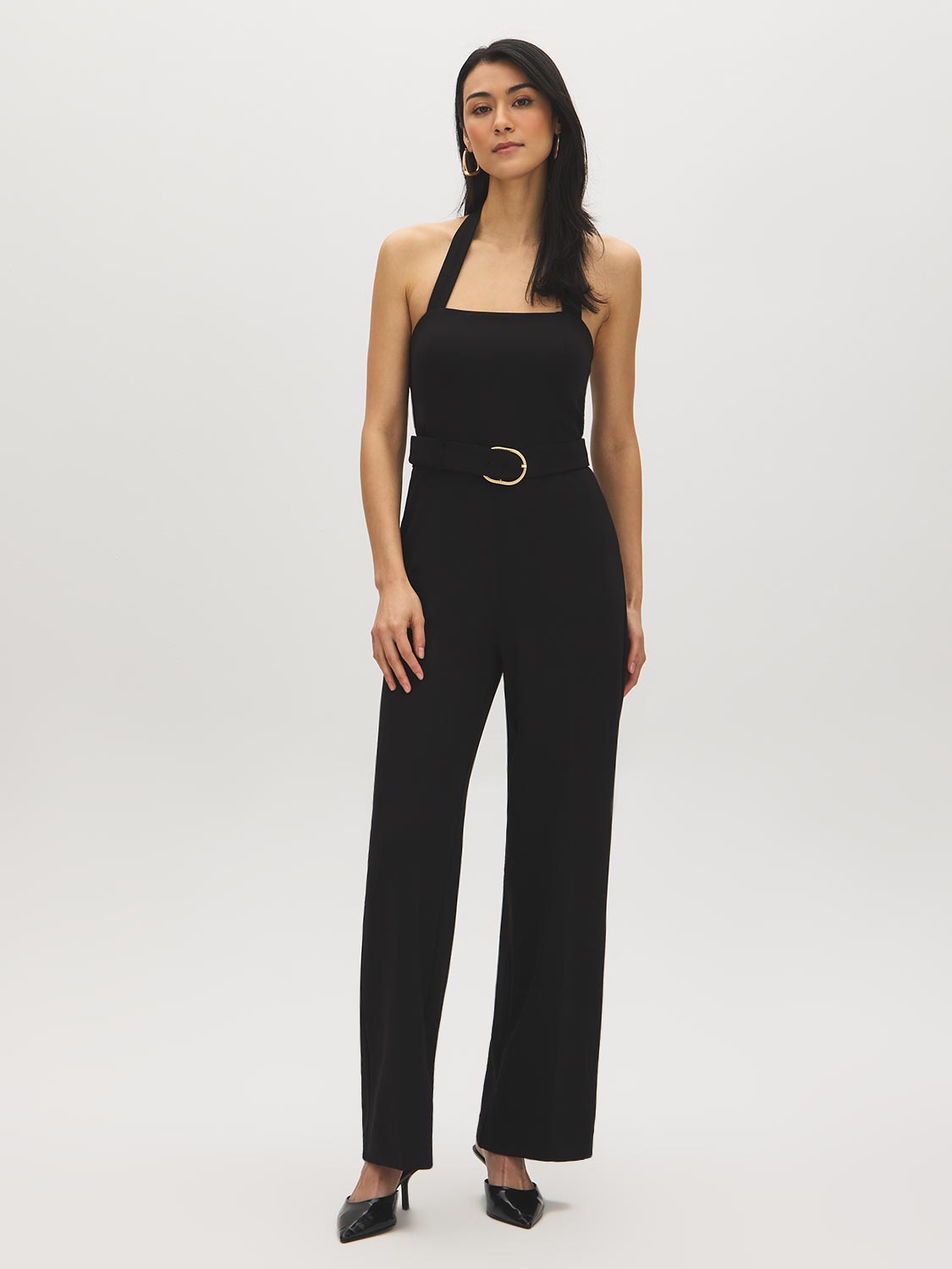 Black Halter Neck Knit Jumpsuit - Woman Wearing Elegant One-Piece with Self-Belt - Suzy Shier