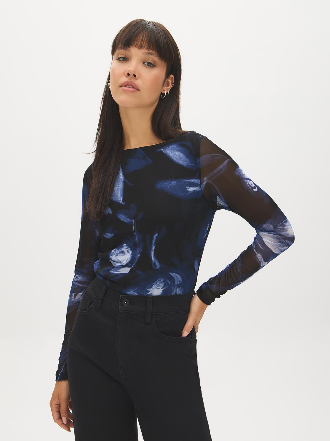 Jet Black Floral Mesh Boat Neck Top - Woman Wearing Long Sleeve Floral Print Top - Suzy Shier