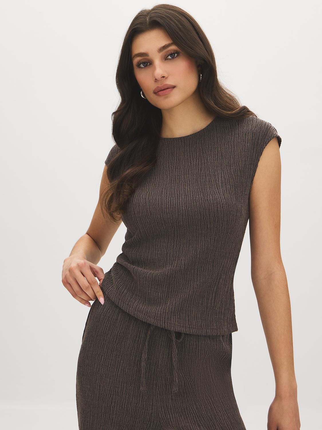 Charcoal Textured Asymmetrical Dolman Sleeve Top - Front View - Suzy Shier