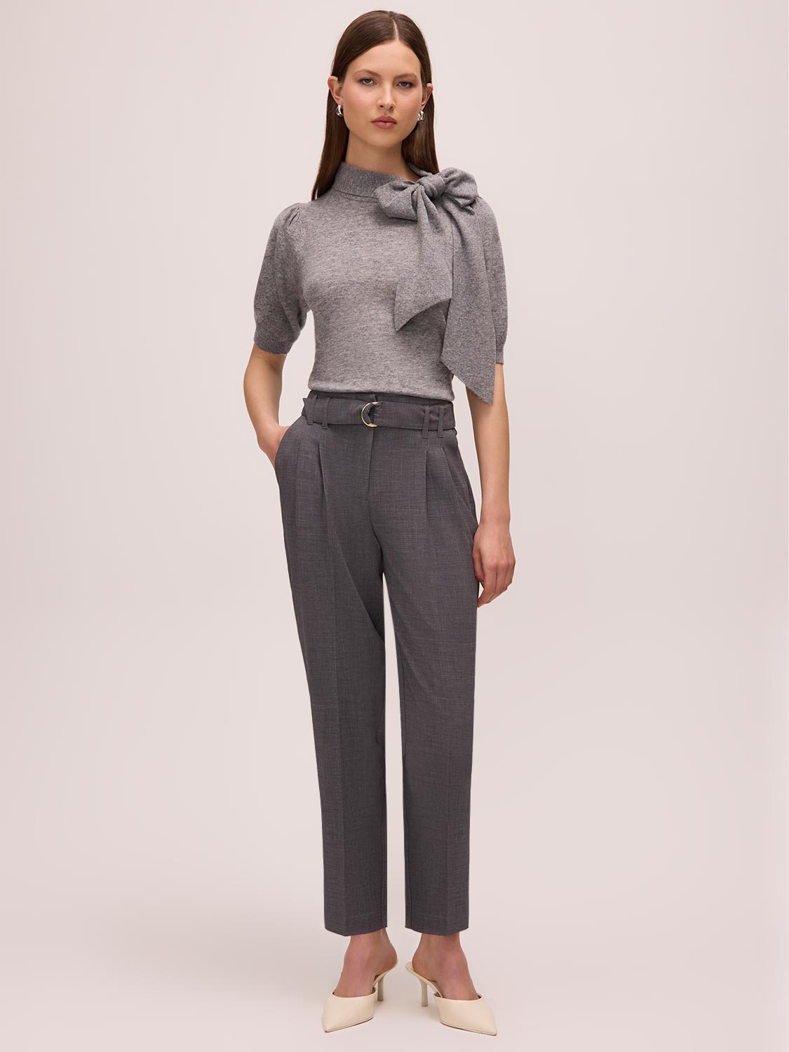 Grey Mix Tie Neck Short Sleeve Knit Sweater - Full Body View - Le Chateau