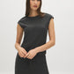 Charcoal Textured Asymmetrical Dolman Sleeve Top - Woman Wearing Crew Neck Ruched Top - Suzy Shier