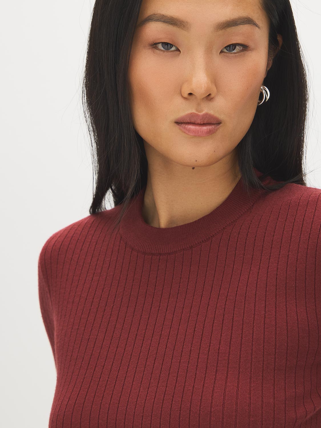 Syrah Ribbed Knit Crew Neck Sweater - Close-up Fabric Detail - Suzy Shier