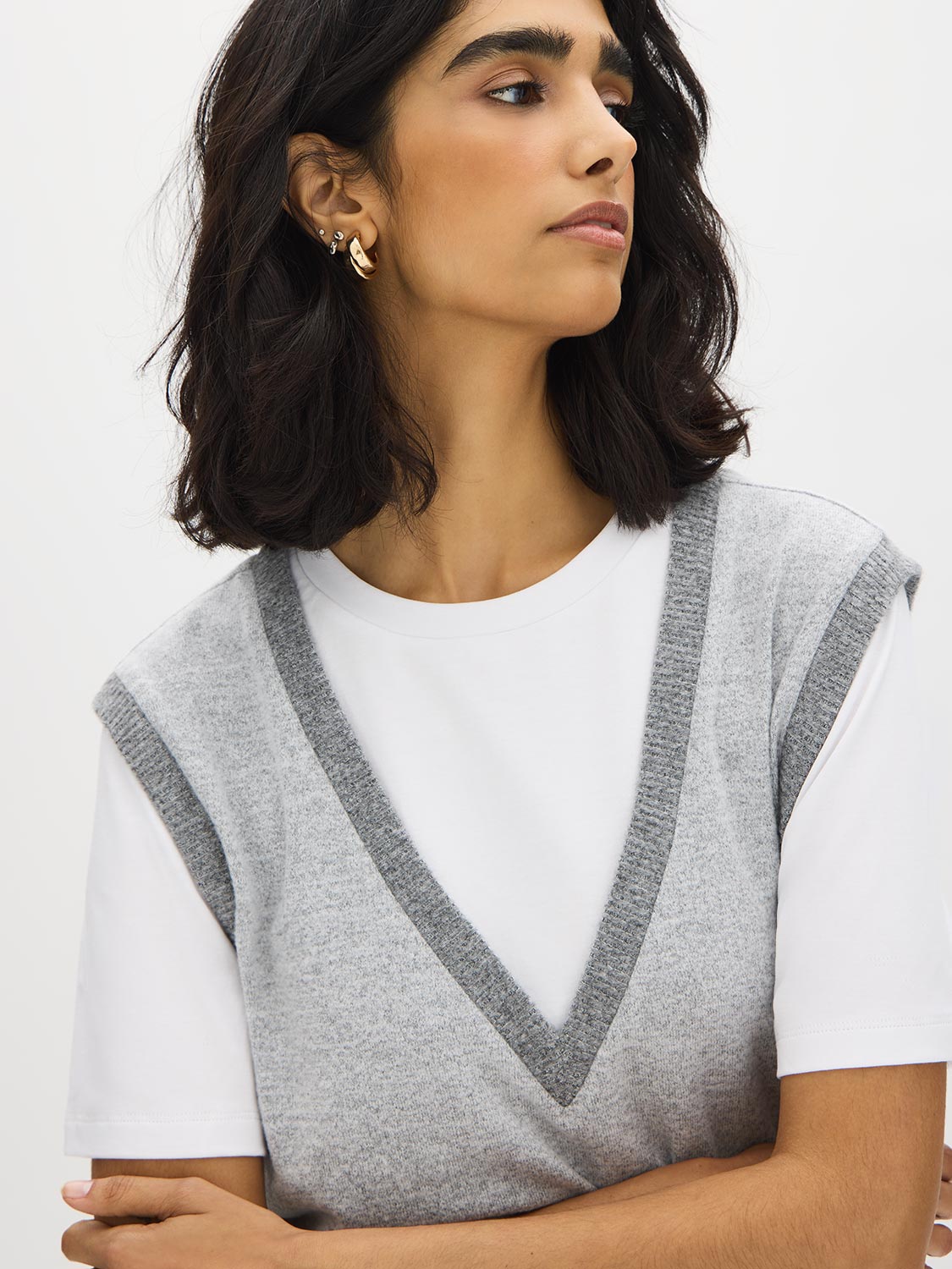 Grey Melange Crew Neck Jersey Top with Hacci Vest - Close-up Fabric Detail - Suzy Shier