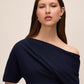 Dark Sapphire Knit Crepe Gown with Asymmetrical Neckline - Close-up Neckline Detail - Le Chateau