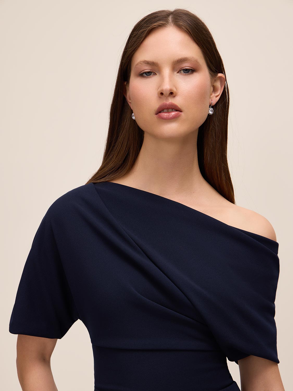 Dark Sapphire Knit Crepe Gown with Asymmetrical Neckline - Close-up Neckline Detail - Le Chateau