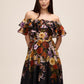 Black and Rust Floral Off-Shoulder Fit and Flare Dress - Front View - Le Chateau