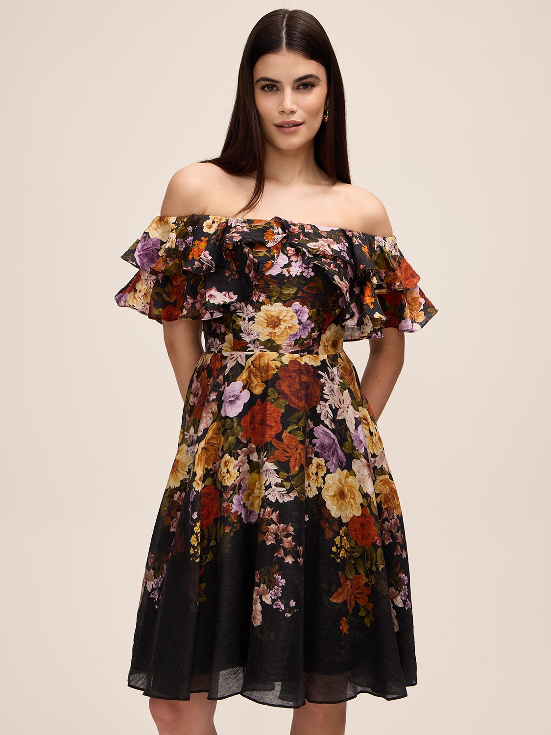Black and Rust Floral Off-Shoulder Fit and Flare Dress - Front View - Le Chateau