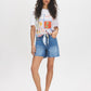 Snow White Printed Scarf Satin Front Top - Woman Wearing Satin Front Knit Top - Suzy Shier