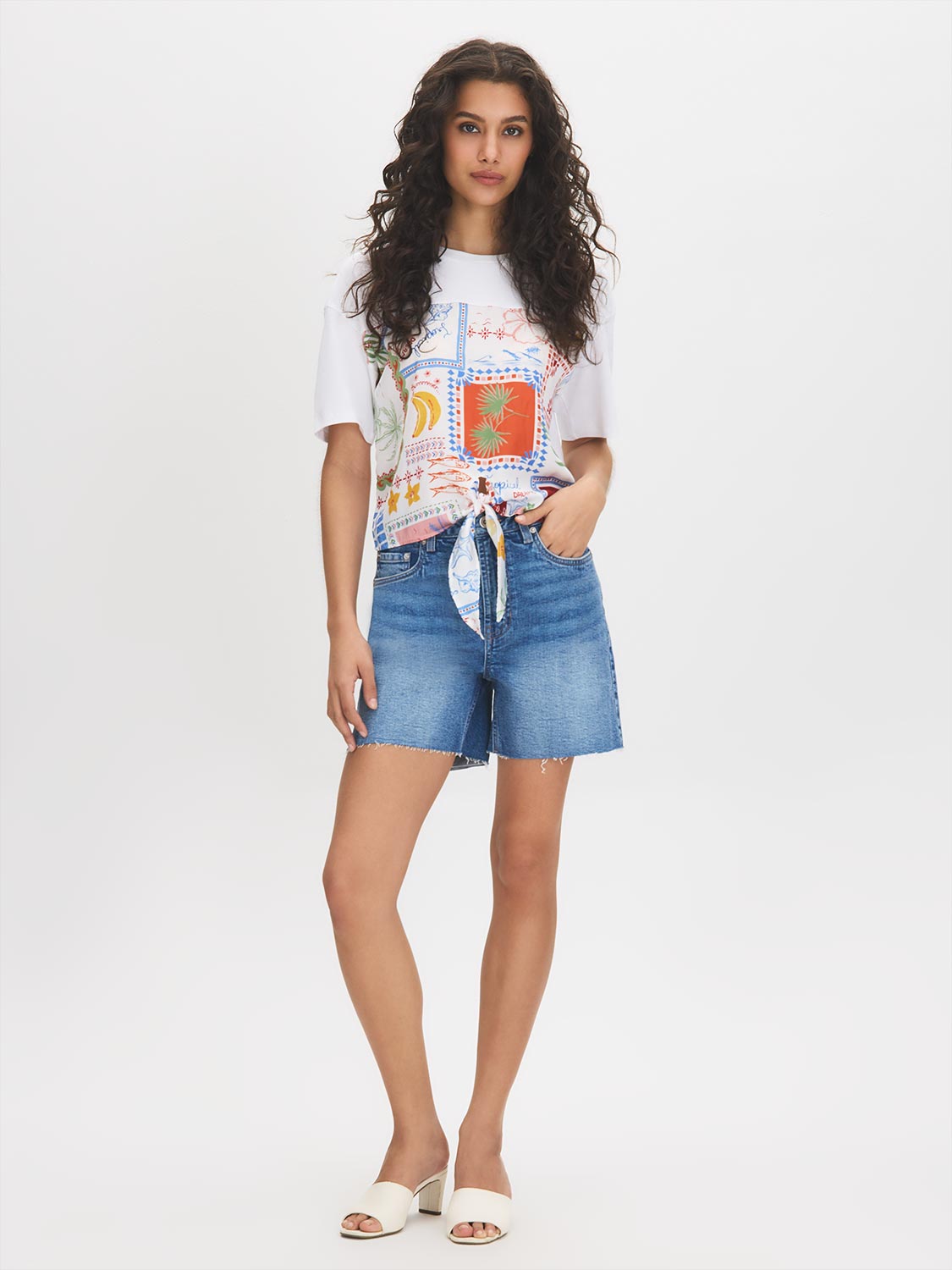 Snow White Printed Scarf Satin Front Top - Woman Wearing Satin Front Knit Top - Suzy Shier