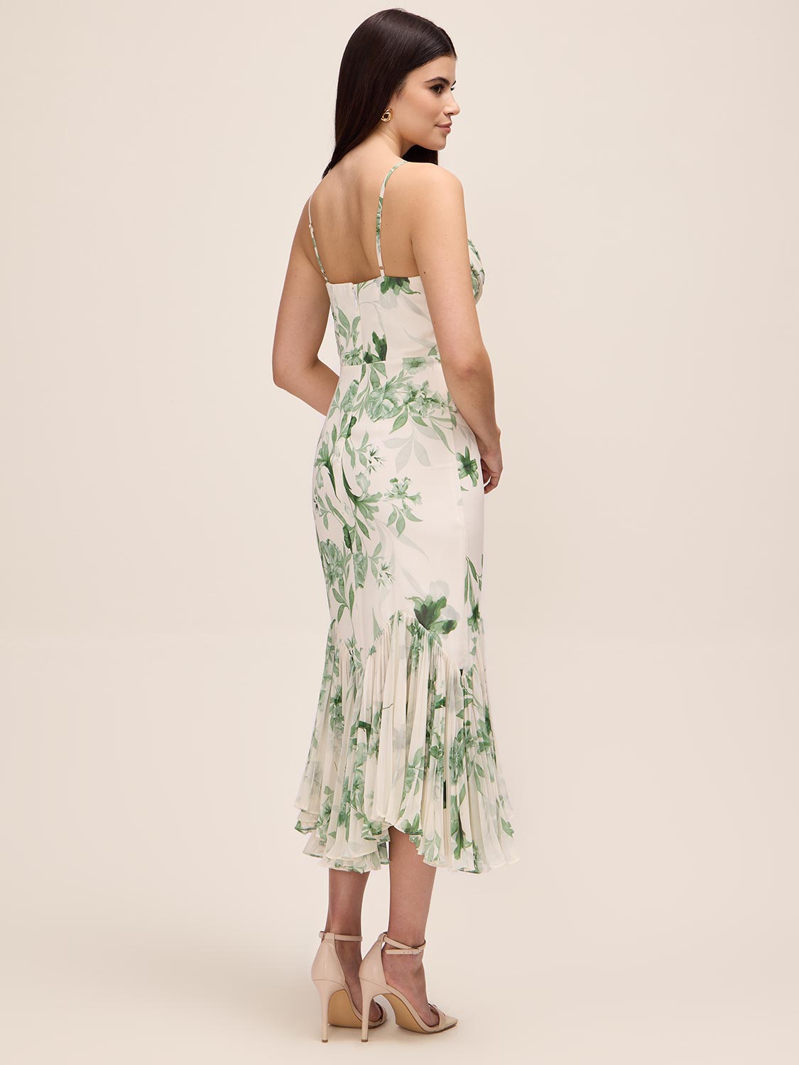 Pearl/Khaki Floral Chiffon Midi Dress - Woman Wearing Elegant Pleated Hem Dress - Le Chateau