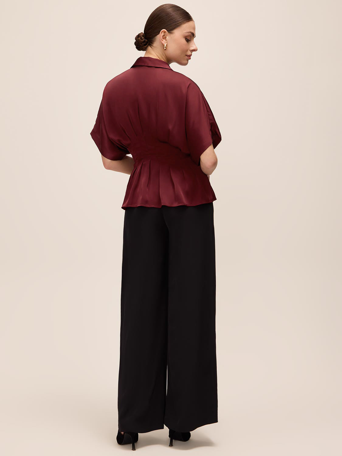 Bordeaux Satin Pleated Waist Blouse - Back View - Le Chateau