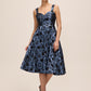 Steel Blue/Black Jacquard Floral Fit & Flare Midi Dress - Woman Wearing Sleeveless Evening Dress with Open Back - Le Chateau