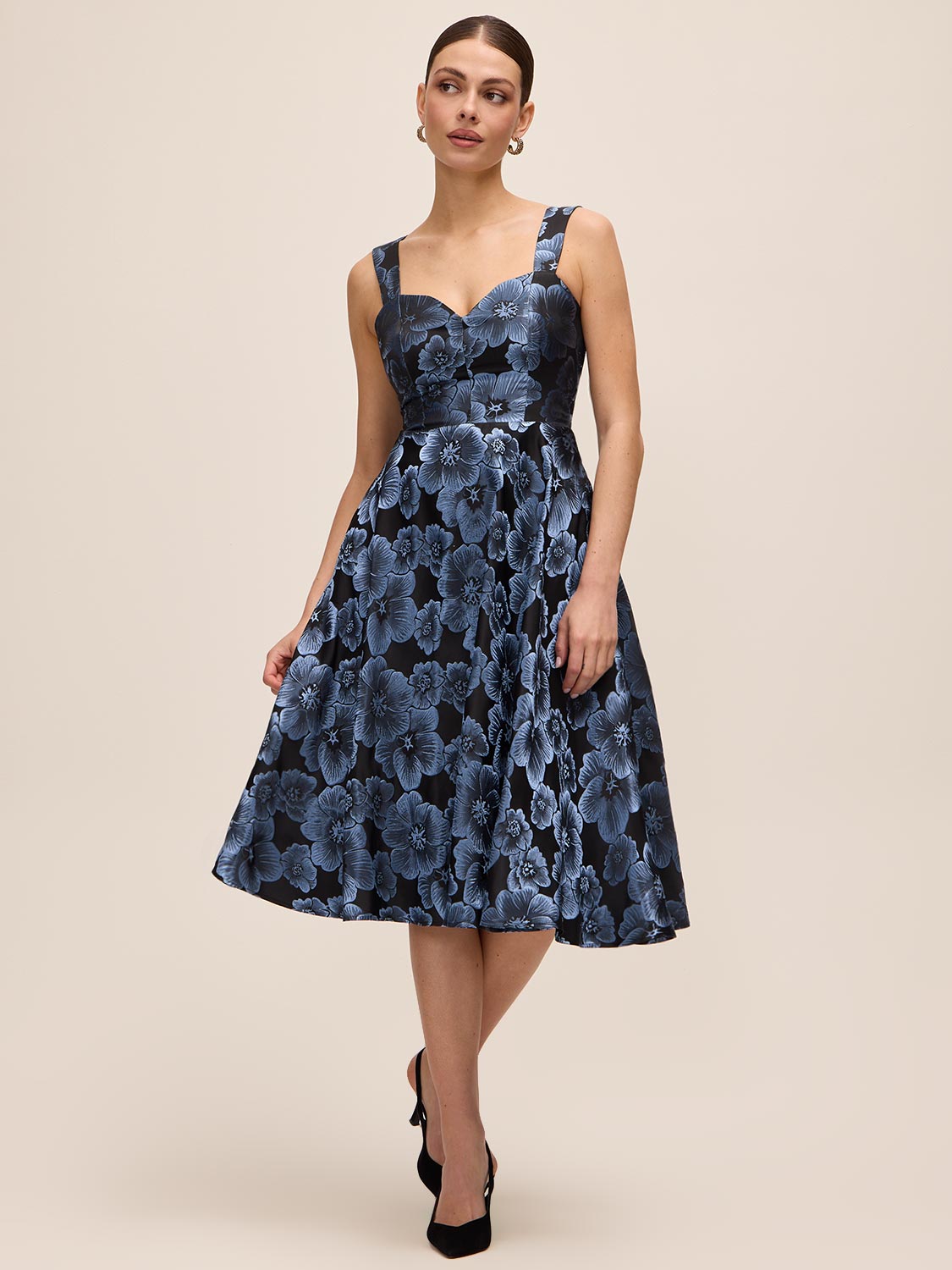 Steel Blue/Black Jacquard Floral Fit & Flare Midi Dress - Woman Wearing Sleeveless Evening Dress with Open Back - Le Chateau