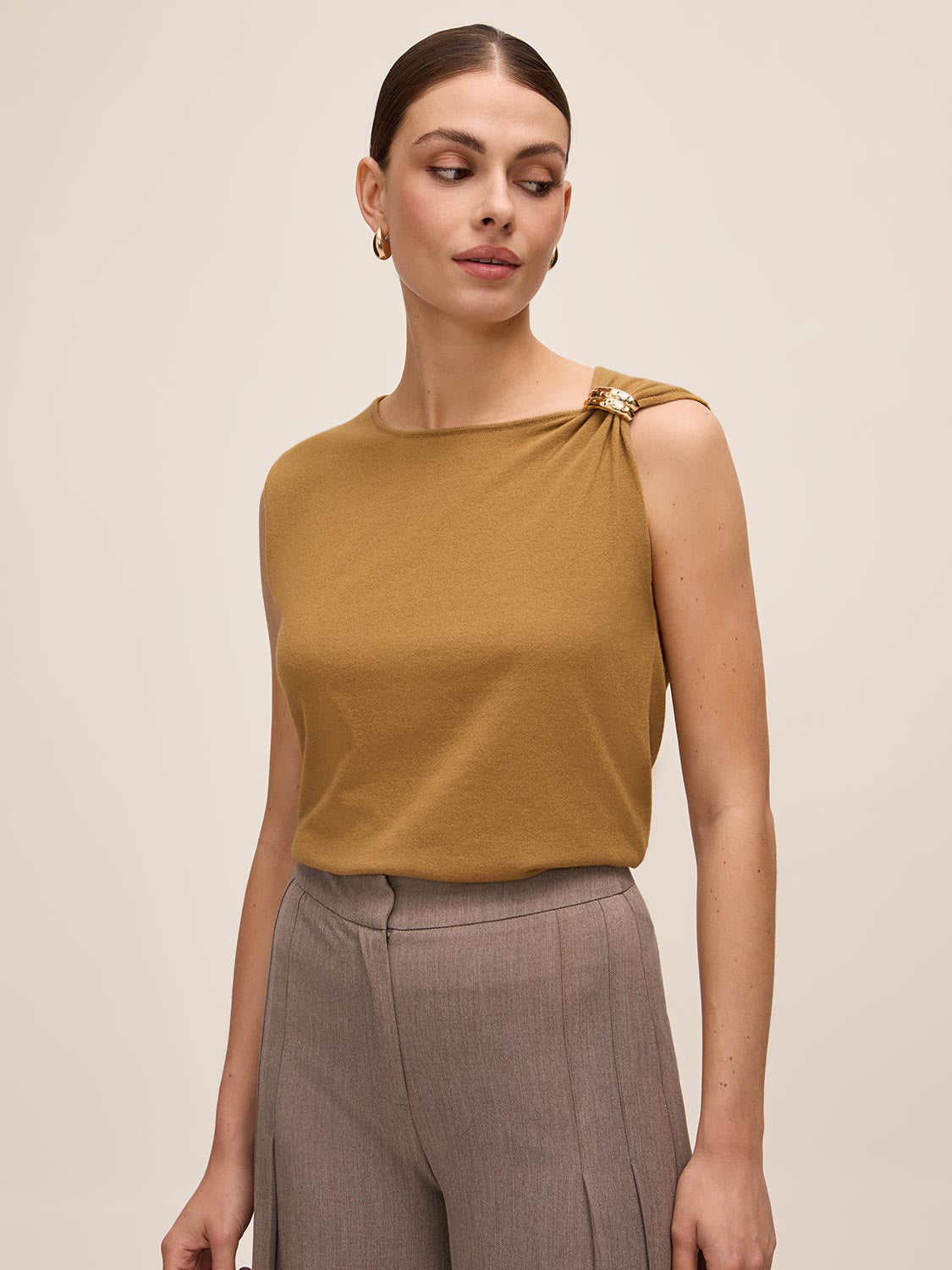 Dijon Sleeveless Sweater with Gold Trim - Front View - Le Chateau