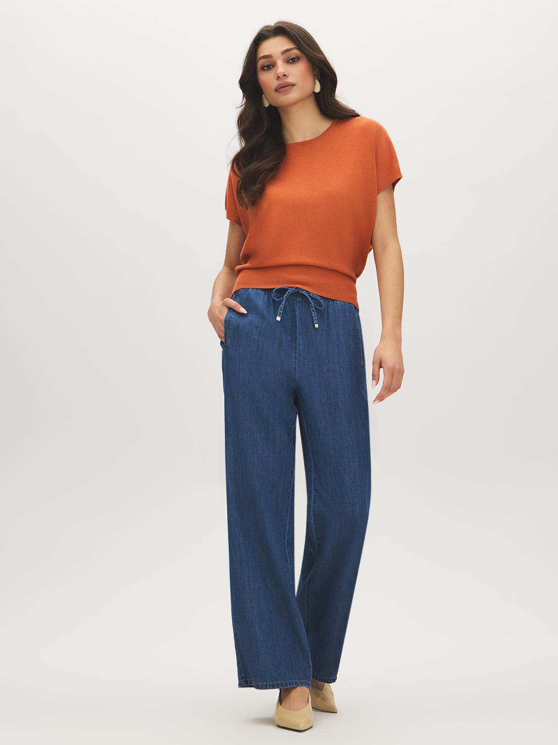 Autumn Leaf Dolman Sleeve Knit Sweater - Woman Wearing Short Sleeve Crew Neck Top - Suzy Shier