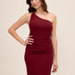 Brick One-Shoulder Knit Crepe Sheath Dress - Woman Wearing Fitted Dress with Metal Trim Detail - Le Chateau