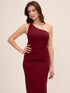 Brick One-Shoulder Knit Crepe Sheath Dress - Woman Wearing Fitted Dress with Metal Trim Detail - Le Chateau