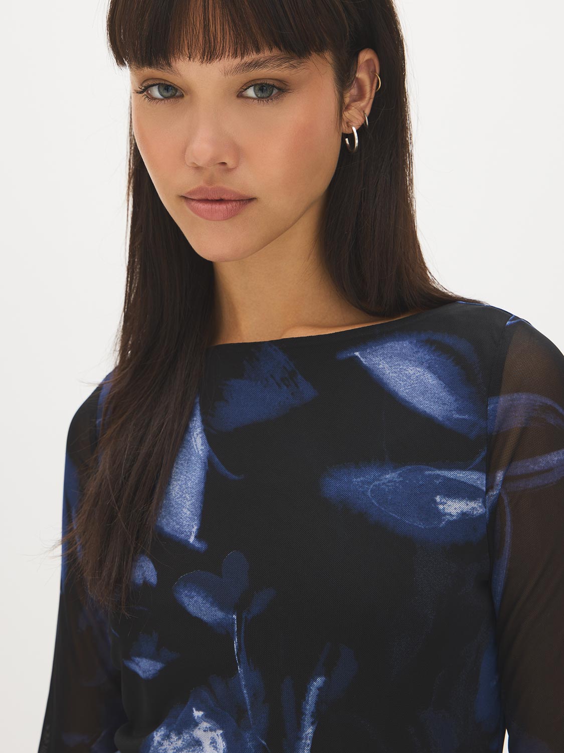 Jet Black Floral Mesh Boat Neck Top - Close-up Fabric Detail - Suzy Shier