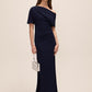Dark Sapphire Knit Crepe Gown with Asymmetrical Neckline - Woman Wearing Evening Dress with Pleat Detail - Le Chateau