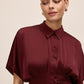 Bordeaux Satin Pleated Waist Blouse - Close-up View - Le Chateau