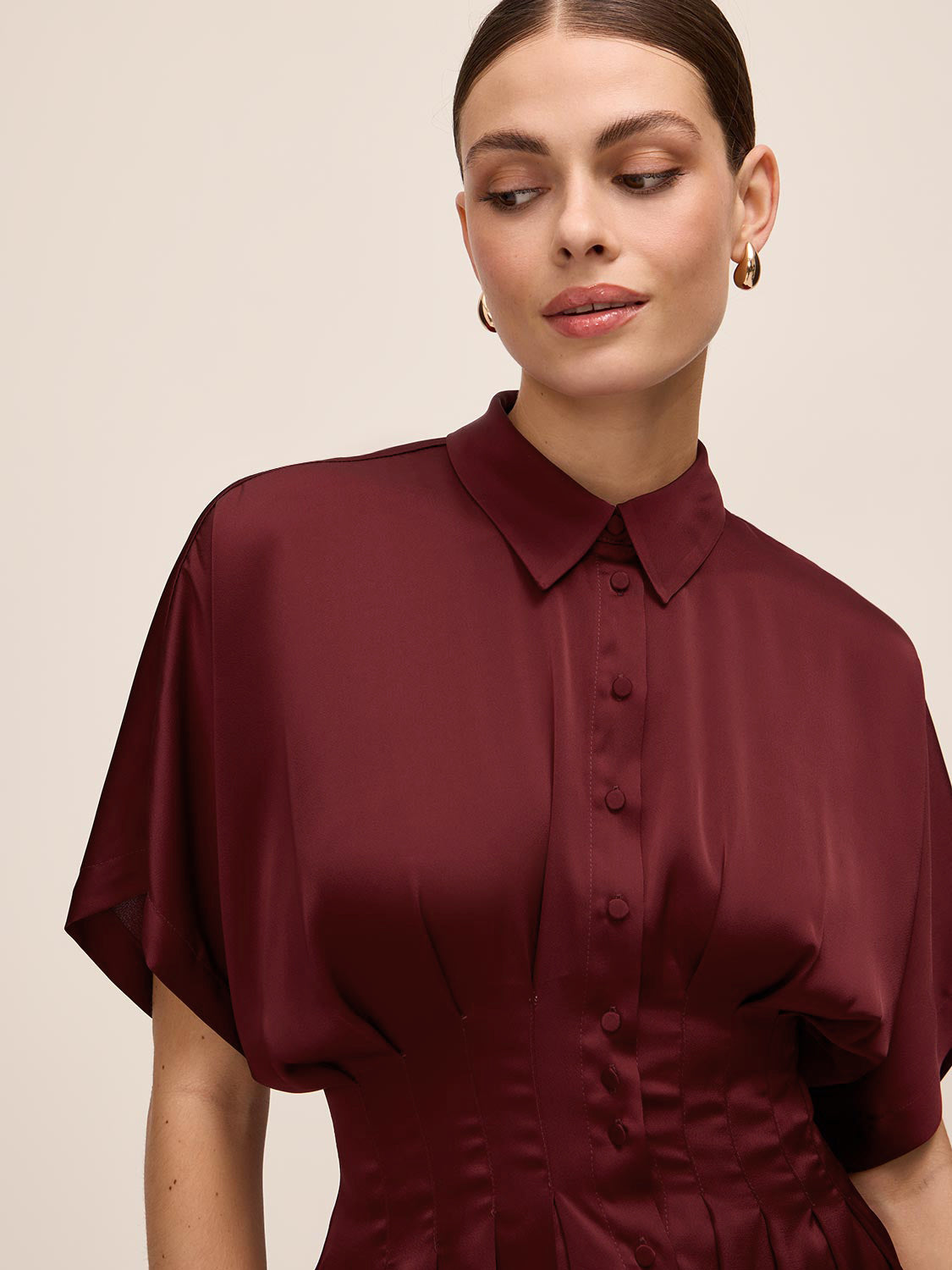 Bordeaux Satin Pleated Waist Blouse - Close-up View - Le Chateau