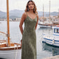 Kalamata Leaf Print Flowy Slip Dress - Woman Wearing Flowy Midi Dress - Suzy Shier