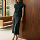 Scarab Satin Bias Cut Pull-On Skirt - Woman Wearing Midi-Length Satin Skirt - Suzy Shier